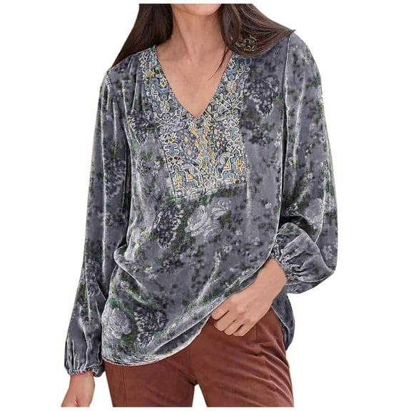 FamilyThread Women's Fall Velvet Tops Casual Long Sleeve Vintage Print Blouse Loose V Neck Boho Floral Velour Pullover Top