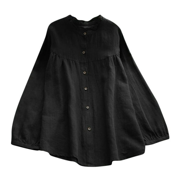 FamilyThread Women's Linen V Neck Long Sleeve Shirts Button Down Long Oversized Tops Plus Size Blouse Solid Color Shirt