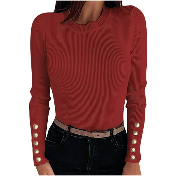 FamilyThread Women's Long Sleeve Crew Neck Button Down Sweater Solid Color Ribbed Knit Sweater Casual Relaxed Pullover Jumper Basic Tops