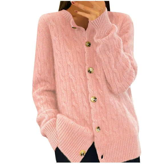 FamilyThread Women's Long Sleeve Crew Neck Knit Solid Color Sweater Open Front Cardigan Button Loose Fashion Outerwear Fall Knit Tops