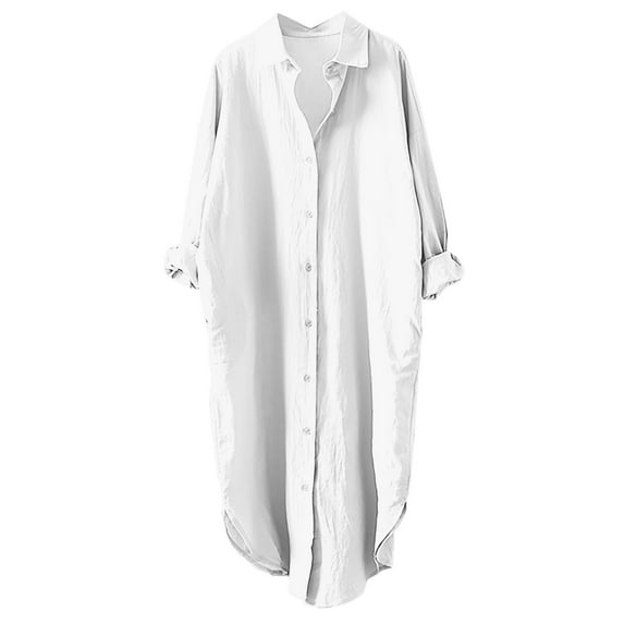 FamilyThread Women's Long Sleeve Linen V Neck Shirts Button Down Blouse Cotton Tunic Tops Solid Color Work Tops Casual Oversized Shirt Fall Tops