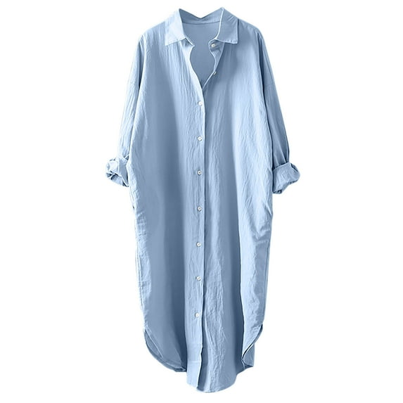 FamilyThread Women's Long Sleeve Linen V Neck Shirts Button Down Blouse Cotton Tunic Tops Solid Color Work Tops Casual Oversized Shirt Fall Tops