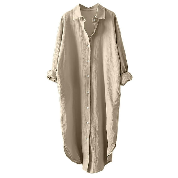 FamilyThread Women's Long Sleeve Linen V Neck Shirts Button Down Blouse Cotton Tunic Tops Solid Color Work Tops Casual Oversized Shirt Fall Tops