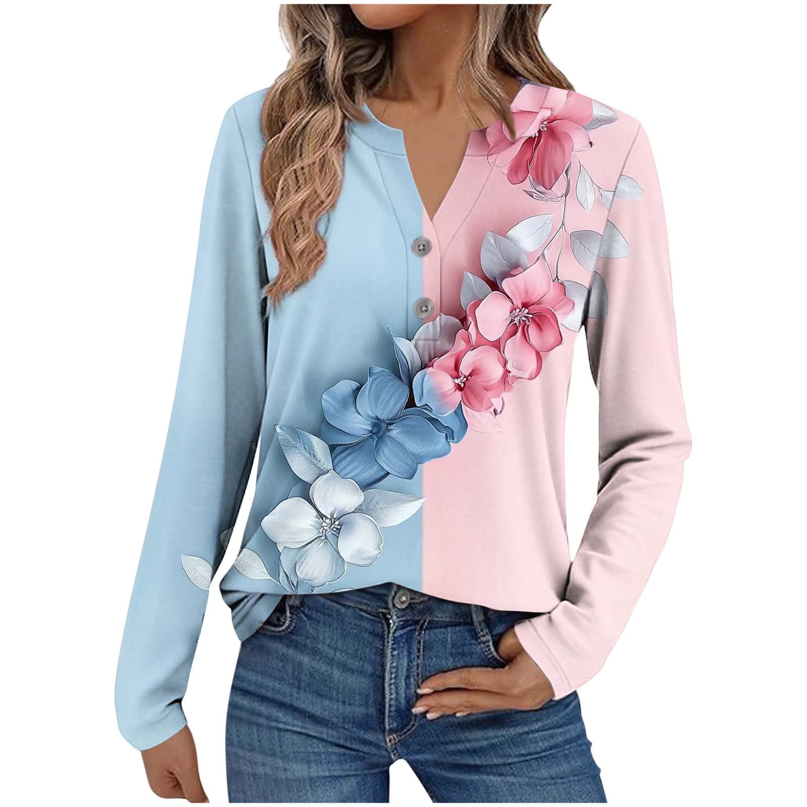 Women's Long Sleeve Floral Print Blouse – V Neck Button Down Shirt, Loose Fit Casual & Work Top