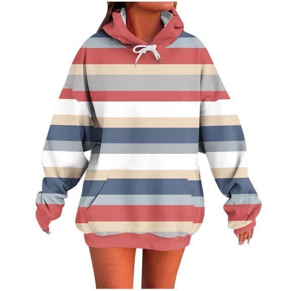 FamilyThread Women's Long sleeves Color Block Hoodie Tops Fashion Casual Drawstring Stipe Style Lightweight Tunic Pullover With Pockets