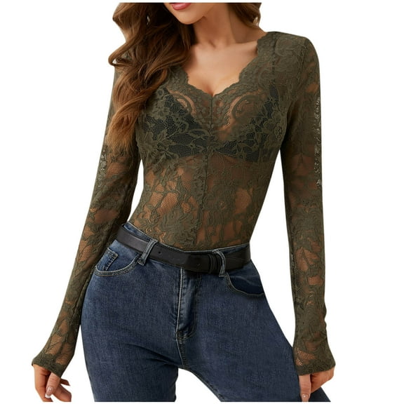 FamilyThread Women's Mesh Tops Sheer Long Sleeve Tops V Neck Lace Blouses Under Shirts Floral Lace Tee Summer Shirt