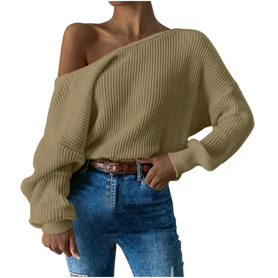 FamilyThread Women's Off Shoulder Sweater Long Sleeve Loose Pullover Fashion Jumper Knit Sweater Solid Color Casual Soft Comfy Clothes