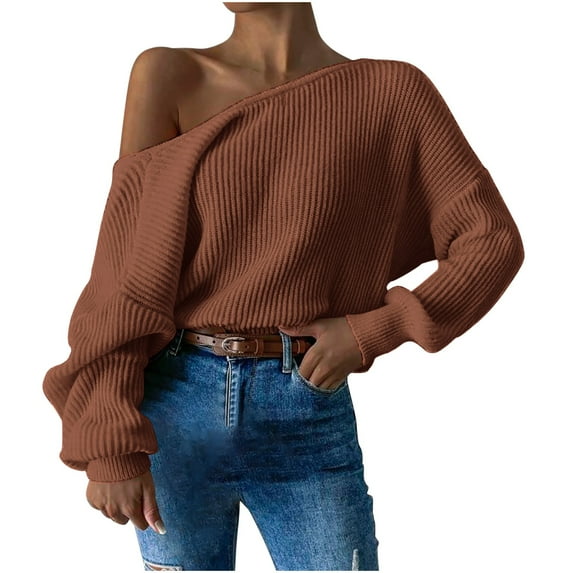 FamilyThread Women's Off Shoulder Sweater Long Sleeve Loose Pullover Fashion Jumper Knit Sweater Solid Color Casual Soft Comfy Clothes