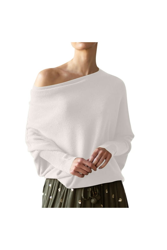 Women's Off Shoulder Sweater Long Sleeve Loose Pullover Knit Jumper Knit Sweater Solid Color Casual Soft Comfy Clothes
