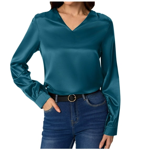 FamilyThread Women's Satin Silk Blouse V Neck Long Sleeve Casual Work Solid Color Blouse Shirts Pullover Tops