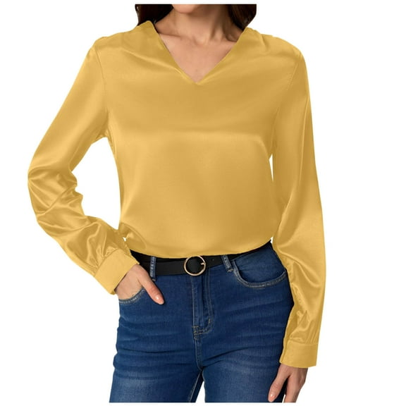 FamilyThread Women's Satin Silk Blouse V Neck Long Sleeve Casual Work Solid Color Blouse Shirts Pullover Tops