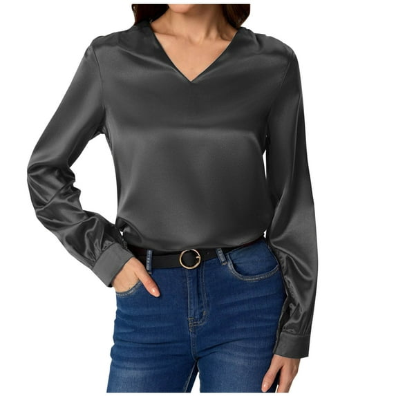 FamilyThread Women's Satin Silk Blouse V Neck Long Sleeve Casual Work Solid Color Blouse Shirts Pullover Tops