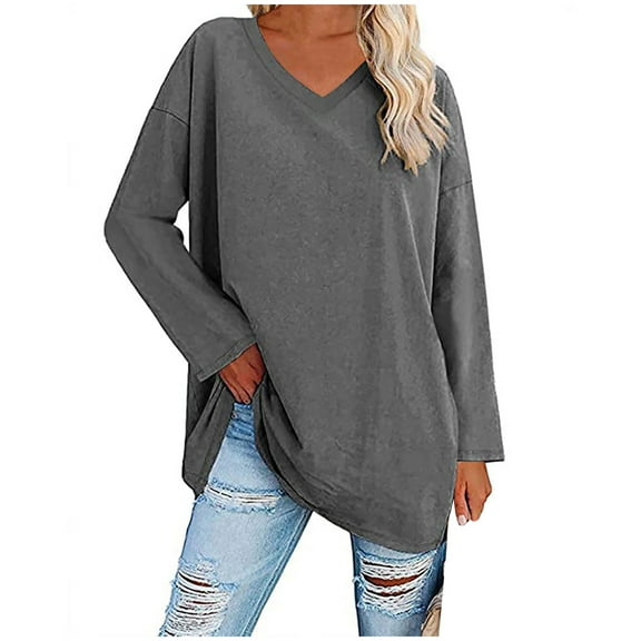 FamilyThread Women's Summer Tops V Neck Oversized Long Sleeve Shirts Loose Casual Blouse Tee Dressy Fashion Solid Color Shirt