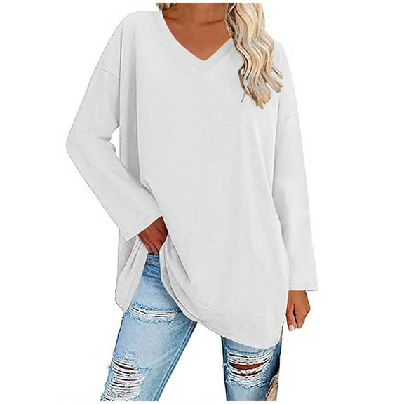 FamilyThread Women's Summer Tops V Neck Oversized Long Sleeve Shirts Loose Casual Blouse Tee Dressy Fashion Solid Color Shirt