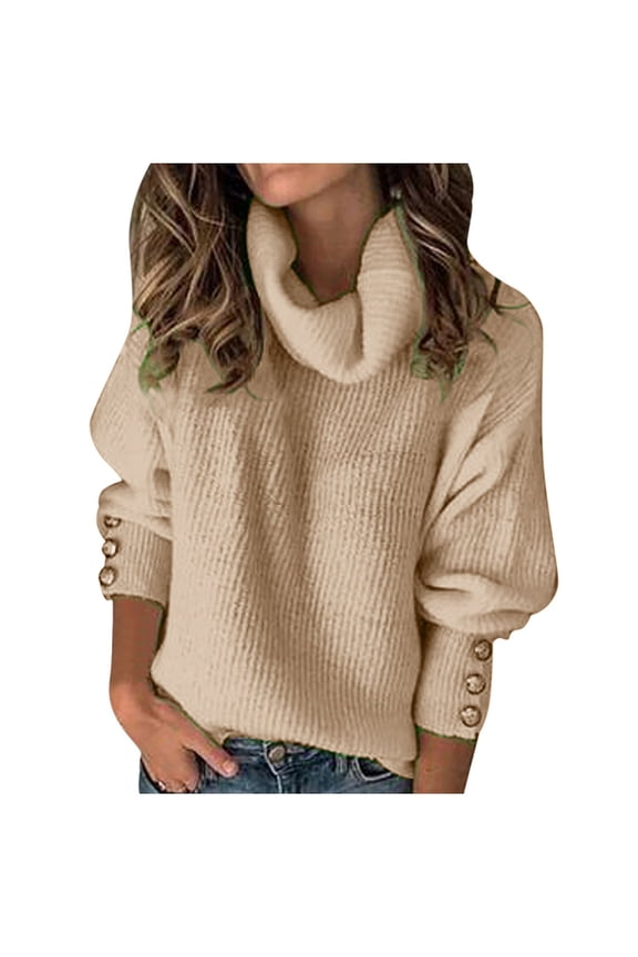Women's Turtleneck Sweater Tunic Long Sleeve With Button Knitted Pullover Solid Color Trendy Fall Winter Basic Jumper Top