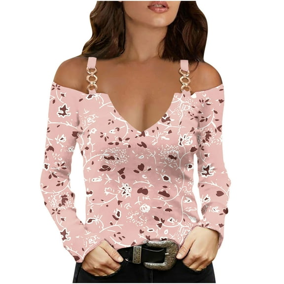 FamilyThread Women's V Neck Long Sleeve Shirts Cold Shoulder Tops Basic Summer Casual Tees Fashion Graphic Printed Shirt