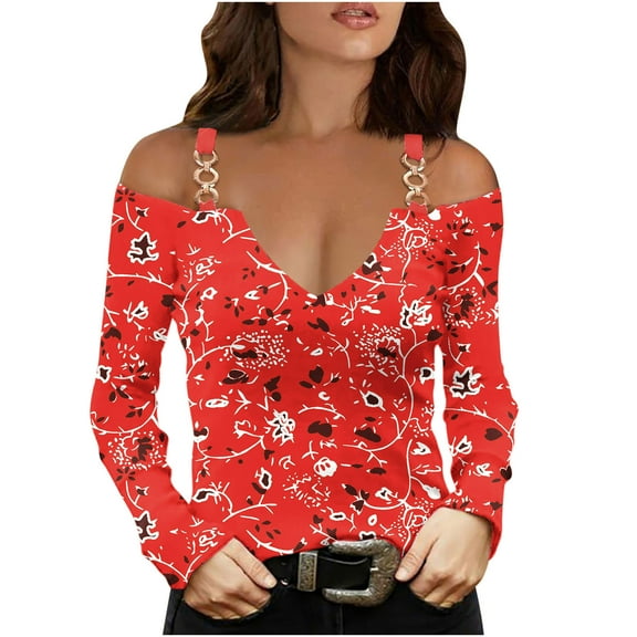 FamilyThread Women's V Neck Long Sleeve Shirts Cold Shoulder Tops Basic Summer Casual Tees Fashion Graphic Printed Shirt