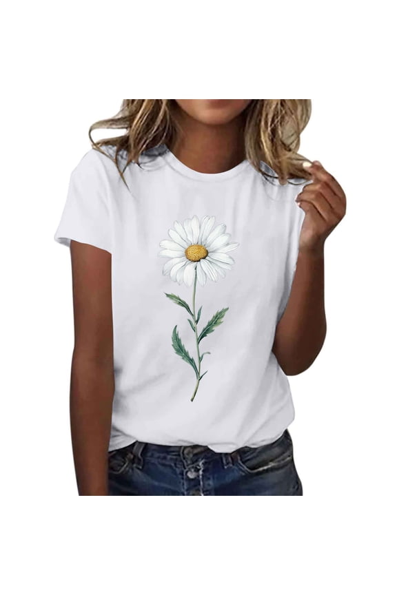 Women's Versatile Short Sleeve Floral Crew Neck T Shirt Sunflower Graphic Loose Tees Casual Tops