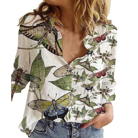 FamilyThread Womens Boho Long Sleeve Floral Cotton Linen Shirt V Neck Fashion Graphic Shirt Button Down Roll Up Lapel Blouse Tops