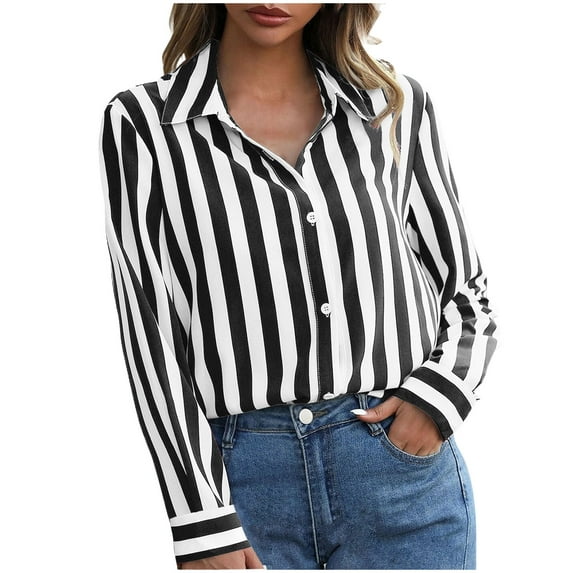 FamilyThread Womens Cuffed Striped V Neck Shirt Casual Collar Long Sleeve Oversized Button Down Blouse Summer Tops