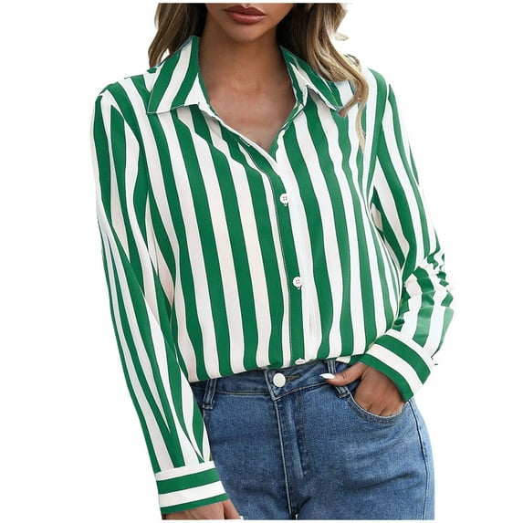 FamilyThread Womens Cuffed Striped V Neck Shirt Casual Collar Long Sleeve Oversized Button Down Blouse Summer Tops