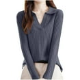 thumbnail image 1 of FamilyThread Womens Fall Long Sleeve Sweaters Tops Lapel V Neck Knit Sweater Solid Color Casual Soft Pullover Shirt Comfy Clothes, 1 of 3