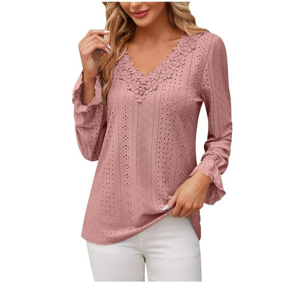 FamilyThread Womens Lace V Neck Puff Long Sleeve Eyelet Tops Dressy Business Casual Work Shirts Blouse Fashion Shirts