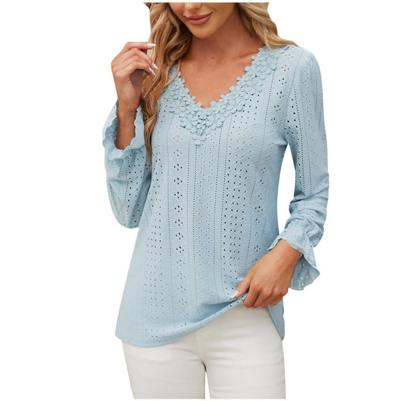 FamilyThread Womens Lace V Neck Puff Long Sleeve Eyelet Tops Dressy Business Casual Work Shirts Blouse Fashion Shirts