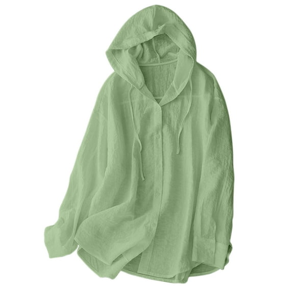FamilyThread Womens Long Sleeve Crew Neck Linen Hoodie Solid Color Sweatshirts Button Up Lightweight Pullover Tops