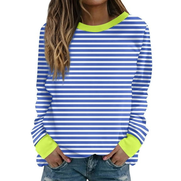 FamilyThread Womens Long Sleeve Fashion Crewneck Lightweight Sweatshirt Stripe Style Graphic Pullover Casual Tops
