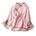 thumbnail image 1 of FamilyThread Womens Long Sleeve Floral Embroidered Blouse Cotton Linen Tops Retro Chinese Frog Button Tees Traditional Mandarin Collar Shirts, 1 of 3