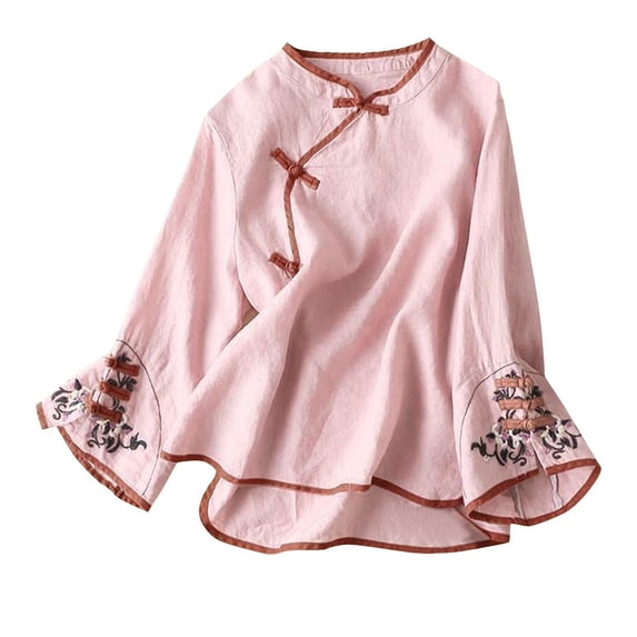 FamilyThread Womens Long Sleeve Floral Embroidered Blouse Cotton Linen Tops Retro Chinese Frog Button Tees Traditional Mandarin Collar Shirts