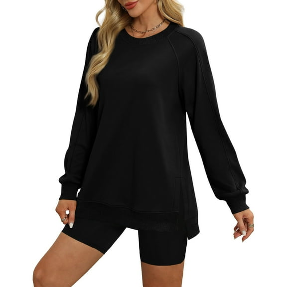 FamilyThread Womens Long Sleeve Oversized Crewneck Lightweight Sweatshirt with Side Slit Soft Solid Pullover Tops