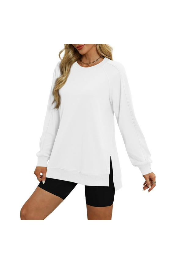 Womens Long Sleeve Oversized Crewneck Lightweight Sweatshirt with Side Slit Soft Solid Pullover Tops