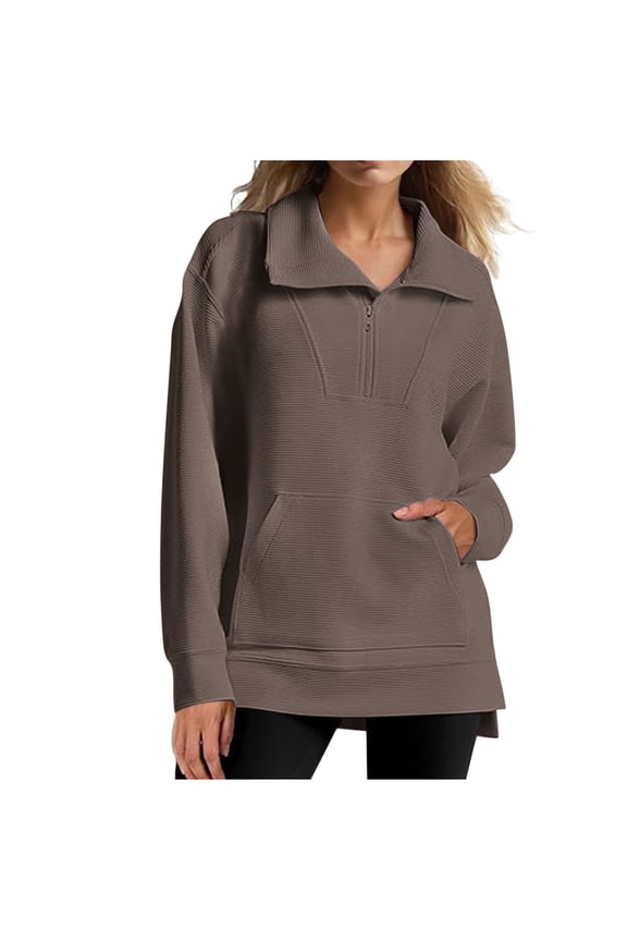 Womens Long Sleeve Quarter Zip Pullover Solid Sweatshirts With Pocket Casual Lapel Zipper Collared Ribbed Knit Shirts