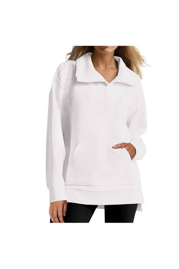 Womens Long Sleeve Quarter Zip Pullover Solid Sweatshirts With Pocket Casual Lapel Zipper Collared Ribbed Knit Shirts