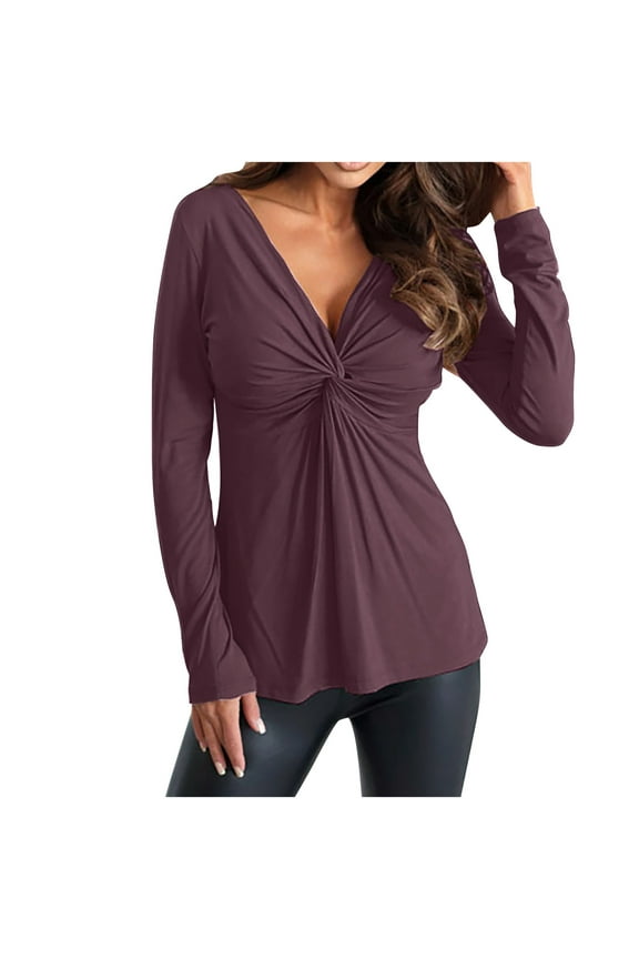 Womens Long Sleeve Tops Twisted Knot V-Neck Bottoming Tshirt Elegant Basic Solid Color Tees Tunic Shirts
