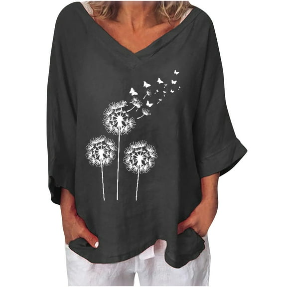 FamilyThread Womens Long Sleeve V Neck Dandelion Graphic Fashion Blouses Casual Loose Casual Summer Tops Dressy Shirt