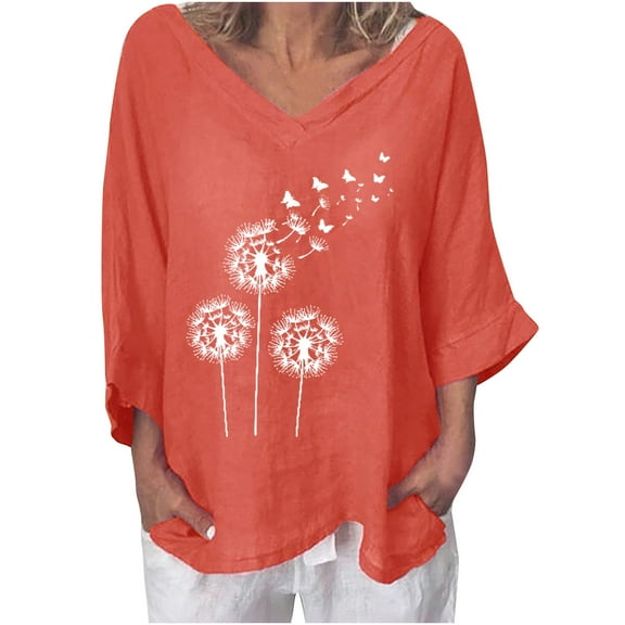 FamilyThread Womens Long Sleeve V Neck Dandelion Graphic Fashion Blouses Casual Loose Casual Summer Tops Dressy Shirt