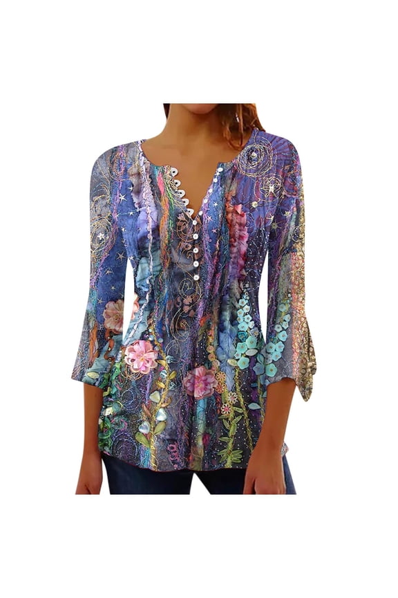 Womens Long Sleeve V Neck Shirts Fall Pleated Fashion Boho Floral Print Tunic Tops Button Tshirt Casual Loose Blouses