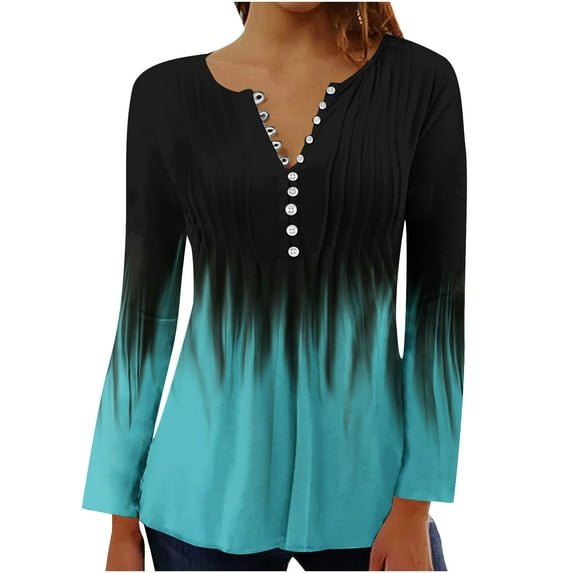 FamilyThread Womens Long Sleeve V Neck Shirts Fall Pleated Fashion Gradient Color Print Tunic Tops Button Tshirt Dressy Loose Blouses