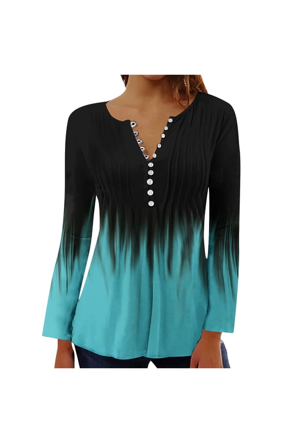 Womens Long Sleeve V Neck Shirts Fall Pleated Fashion Gradient Color Print Tunic Tops Button Tshirt Dressy Loose Blouses