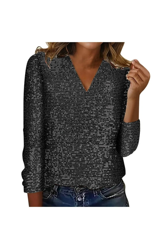 Womens Sequin Tops V Neck Sparkly Glitter Blouses Trendy Long Sleeve Holiday Evening Party Shiny Dressy Shirts