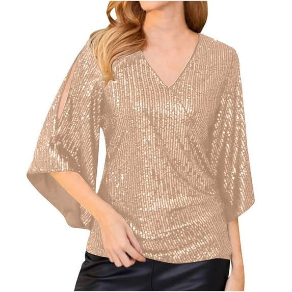 FamilyThread Womens Sparkly Sequin Tops V Neck Long Sleeve Glitter Evening Cocktail Casual Blouse Party Shirt