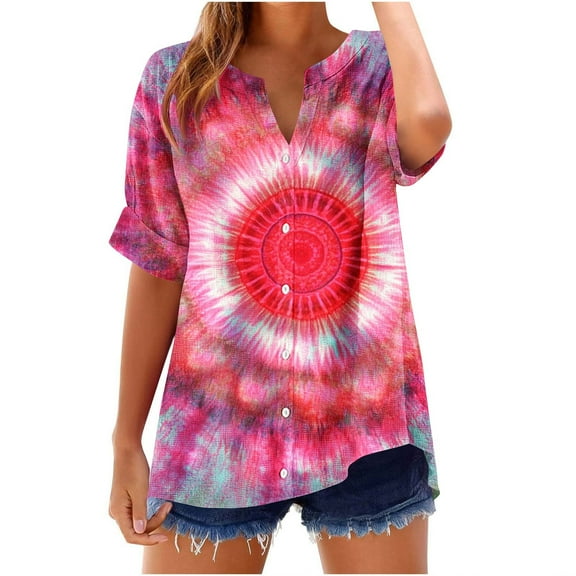 FamilyThread Womens Summer V Neck Short Sleeve Tie Dye Tops Loose Casual T-Shirt Button Up Blouses