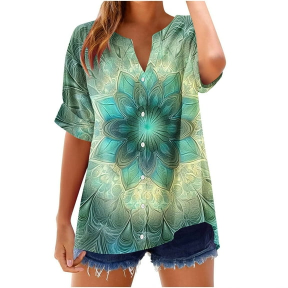 FamilyThread Womens Summer V Neck Short Sleeve Tie Dye Tops Loose Casual T-Shirt Button Up Blouses