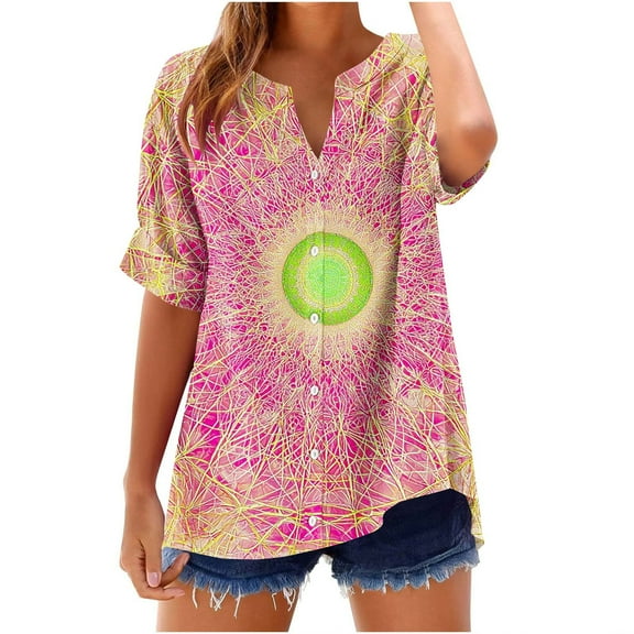 FamilyThread Womens Summer V Neck Short Sleeve Tie Dye Tops Loose Casual T-Shirt Button Up Blouses