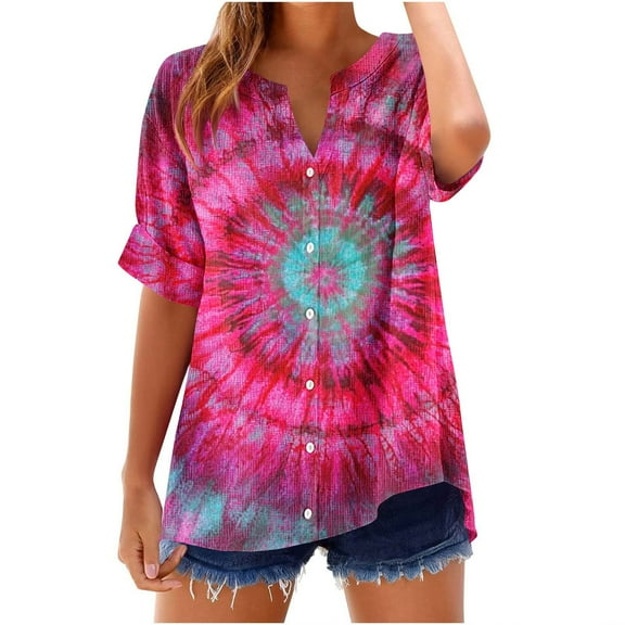 FamilyThread Womens Summer V Neck Short Sleeve Tie Dye Tops Loose Casual T-Shirt Button Up Blouses