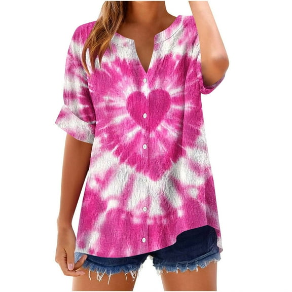 FamilyThread Womens Summer V Neck Short Sleeve Tie Dye Tops Loose Casual T-Shirt Button Up Blouses