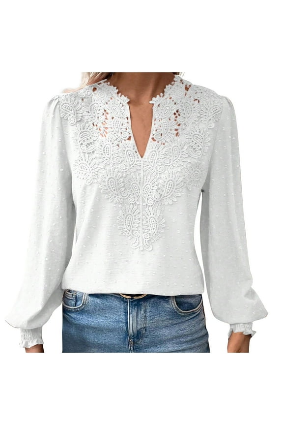 Womens T Shirts Casual Long Sleeve V Neck Lace Tops Lightweight Solid Color Basic Tees Blouses Fasion Textured Top